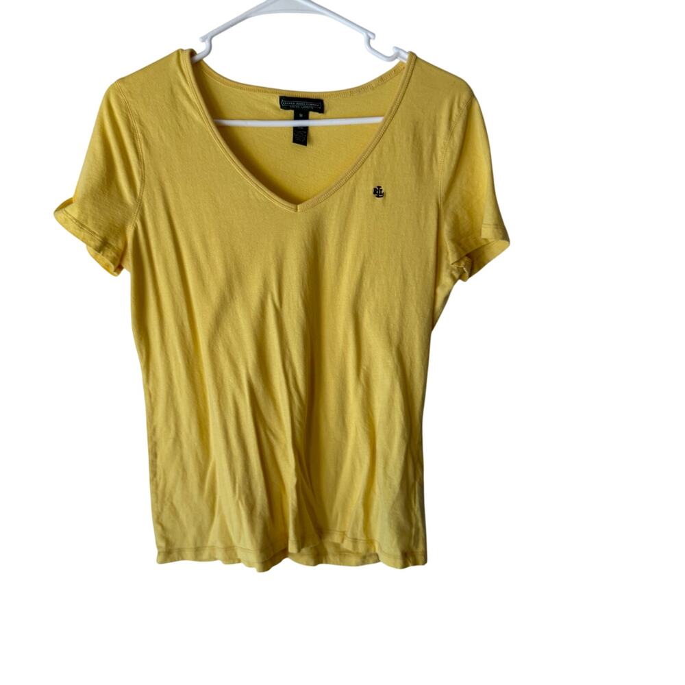 Lauren Jeans Co‎ Ralph Lauren Butter Yellow Preppy M V-Neck Logo T-Shirt